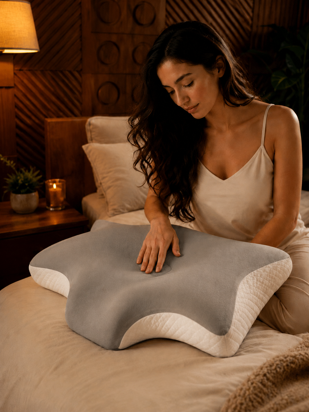 A woman in a bedroom sits on a bed, touching a contoured gray and white pillow. The scene is warmly lit with a bedside lamp and candle, and the background features a wooden headboard and wall paneling.