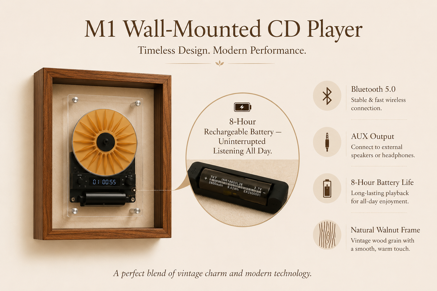 M1 Wood Frame CD Player — Wall-Mountable, Bluetooth & Rechargeable