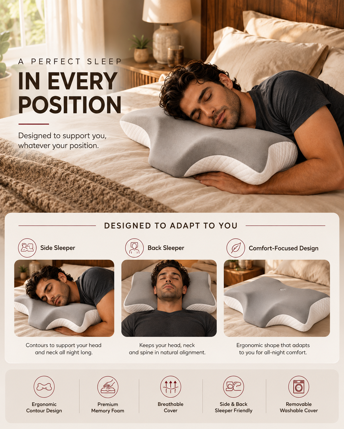 Man sleeping on a bed with an ergonomic pillow, surrounded by bedroom decor.