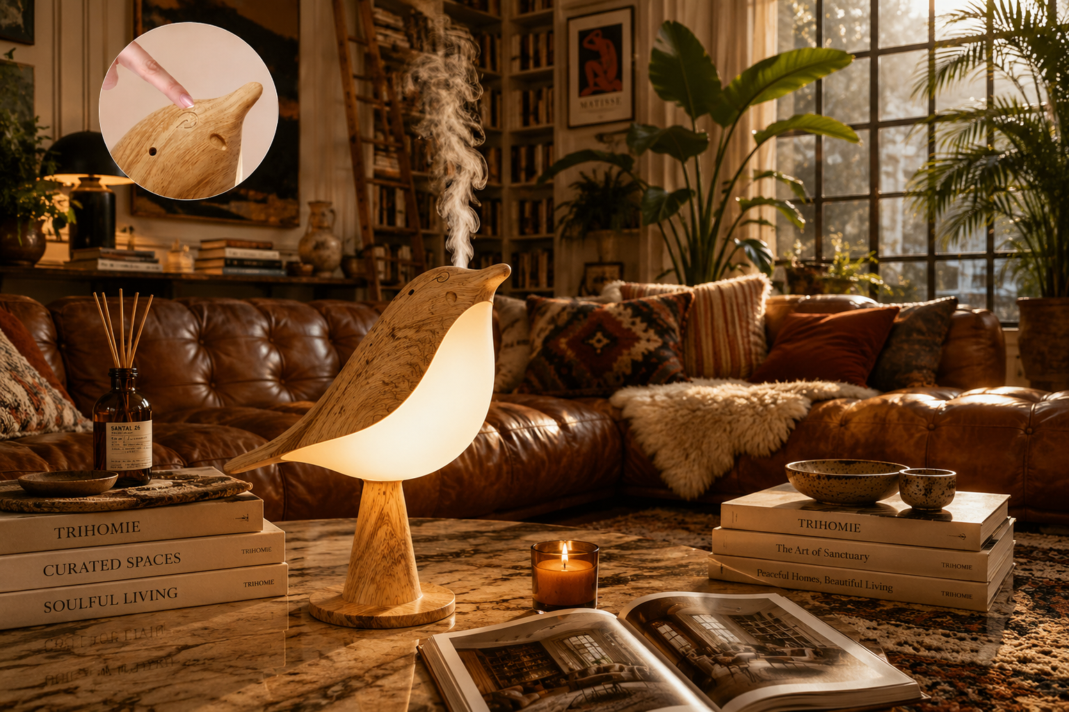 Cozy living room with a brown leather sofa, lamp, books, and decorative items.