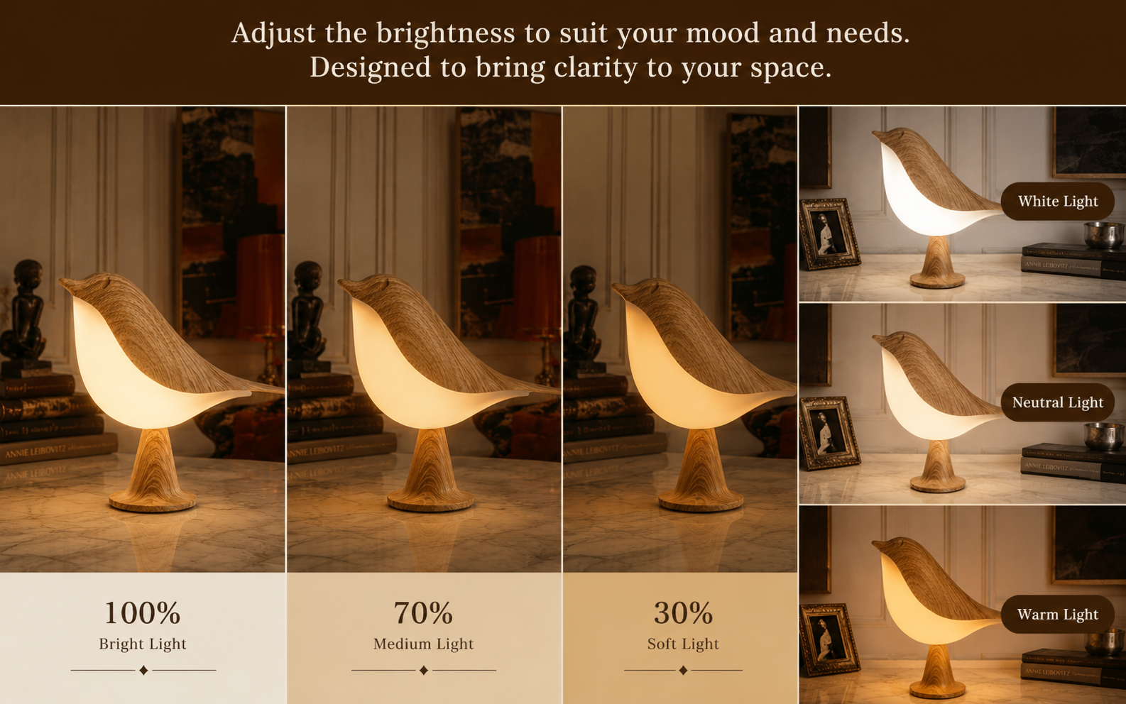 Collage of a lamp with different brightness settings in a home setting.