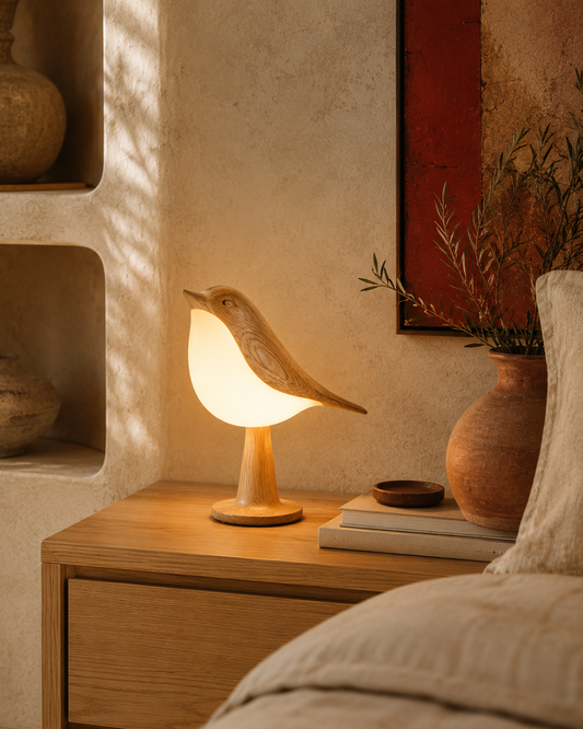 Bird-shaped lamp on a wooden nightstand with warm lighting