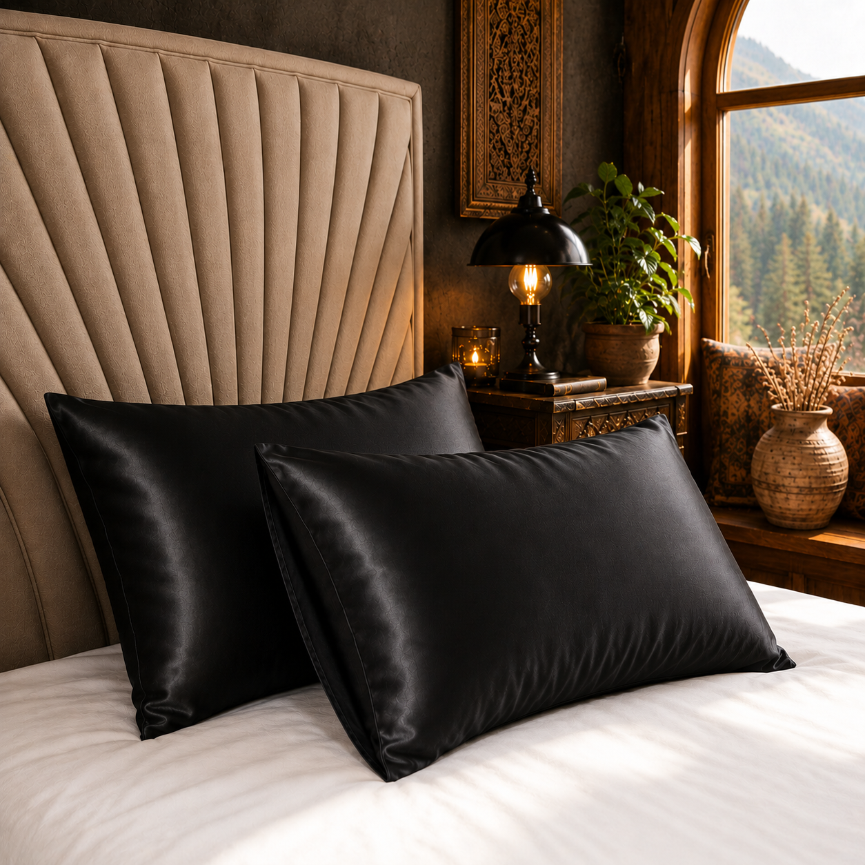 Black satin pillows on a bed with a mountain view in the background
