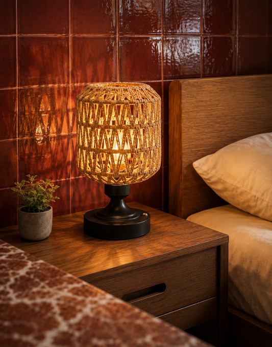 Woven Rattan Charging Lamp — Wabi-Sabi Bedside & Desk Light