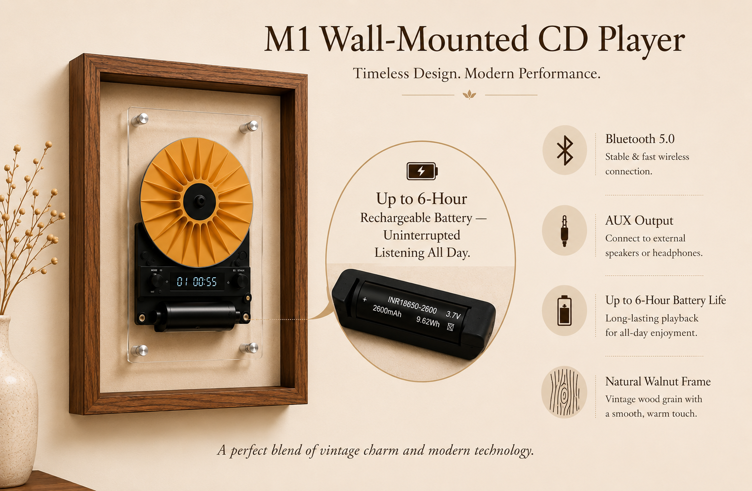 M1 Wall-Mounted CD Player with wooden frame and product details on a beige background