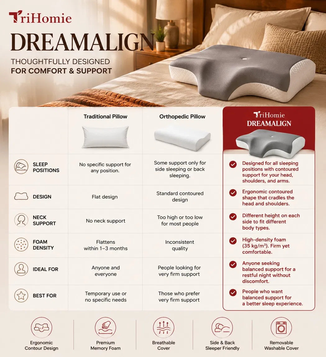 TriHomie Dreamalign pillow advertisement with comparison chart and product details.