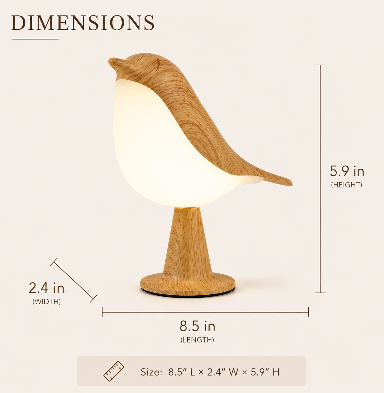 Bird-shaped lamp with dimensions labeled on a white background