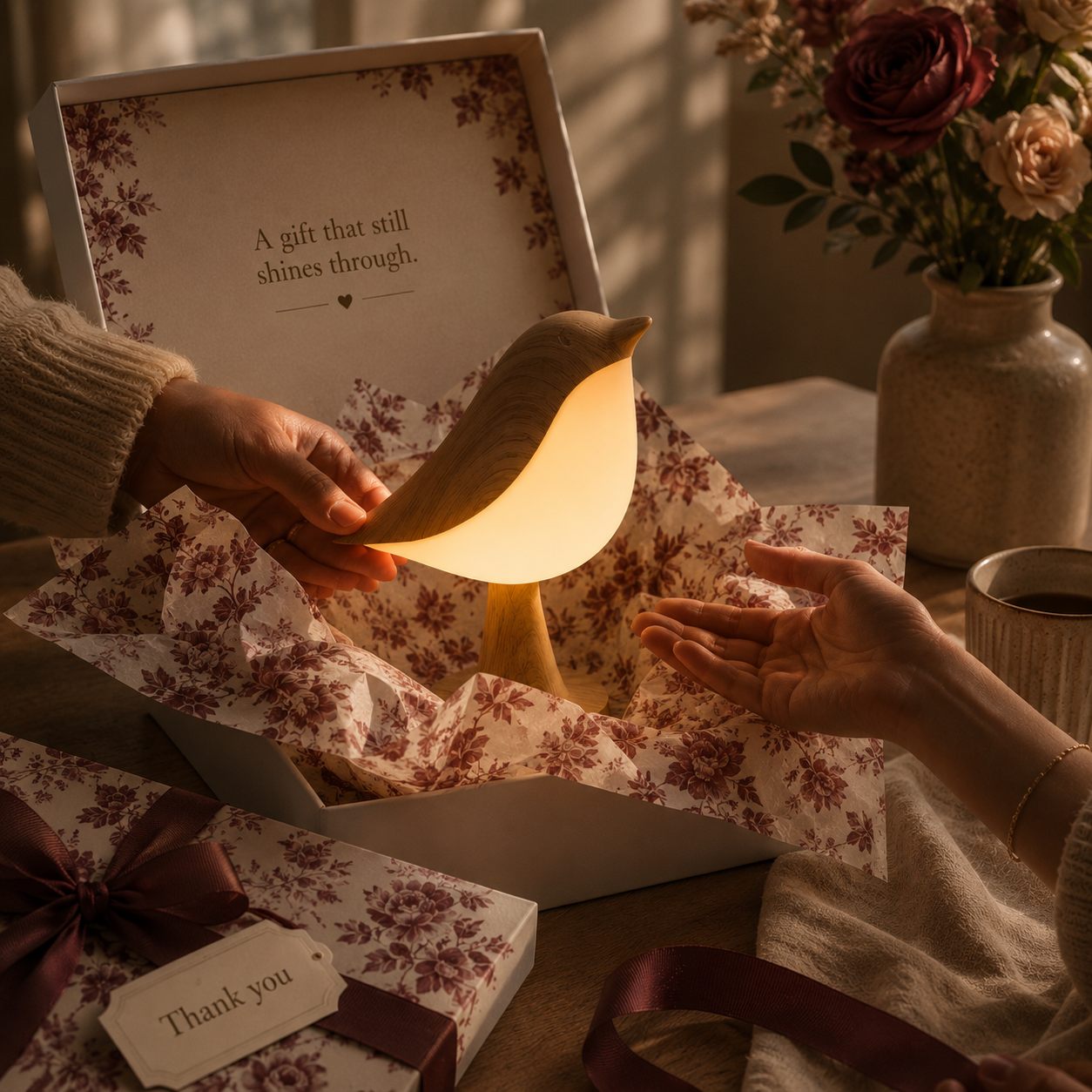 Person unwrapping a gift with floral wrapping paper and a small lamp inside.