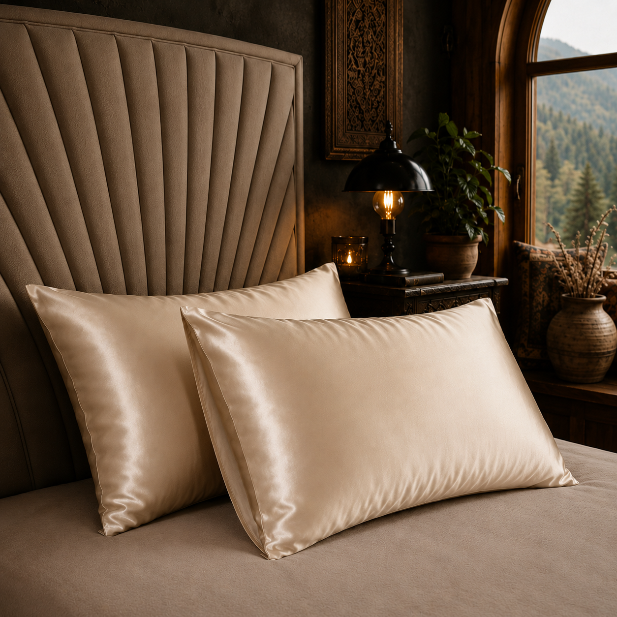Silky pillows on a bed with a decorative headboard and window view of trees.