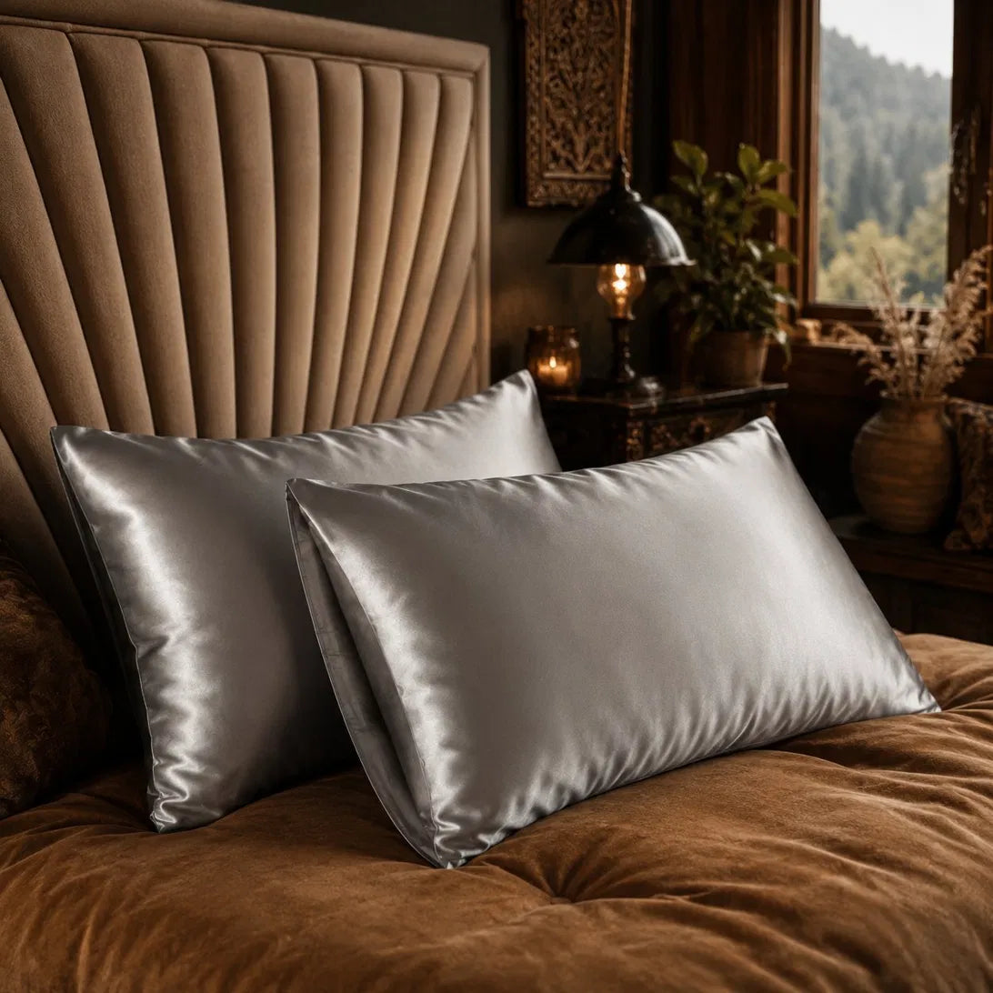 Silver satin pillows on a brown bed with a decorative headboard and lamp in the background.