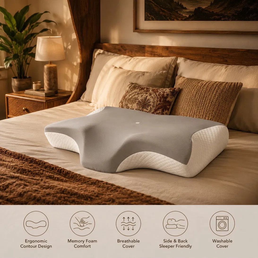Gray ergonomic contour pillow on a bed with decorative pillows and a lamp in the background.