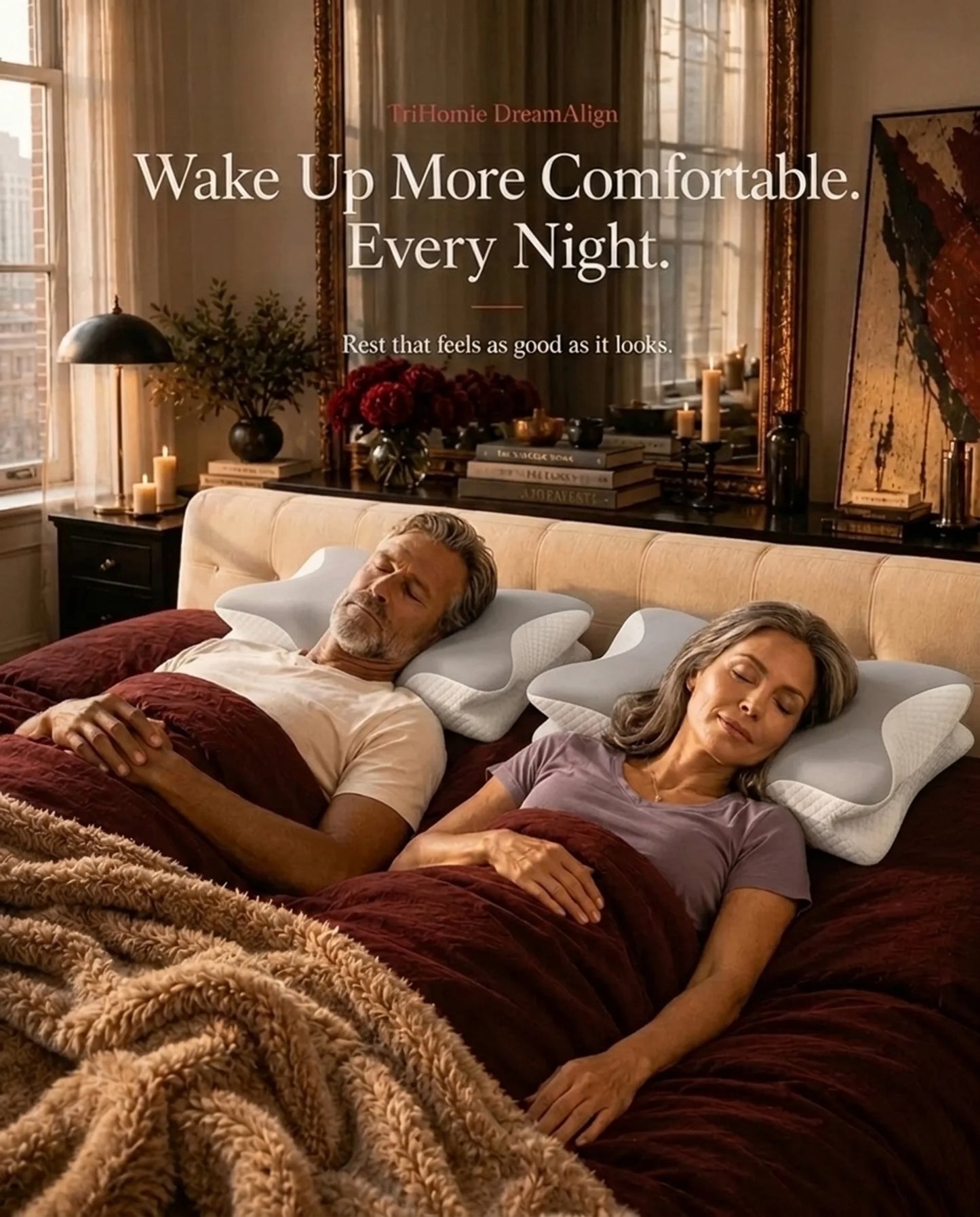 A couple lying in bed under a textured brown blanket in a warmly lit bedroom. Large overlaid text reads, 'Wake Up More Comfortable.