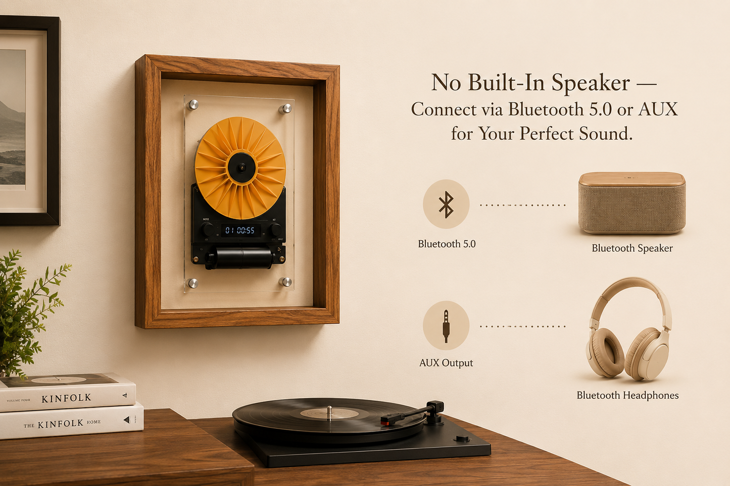 Wall-mounted speaker system with Bluetooth and AUX connectivity options on a beige wall.