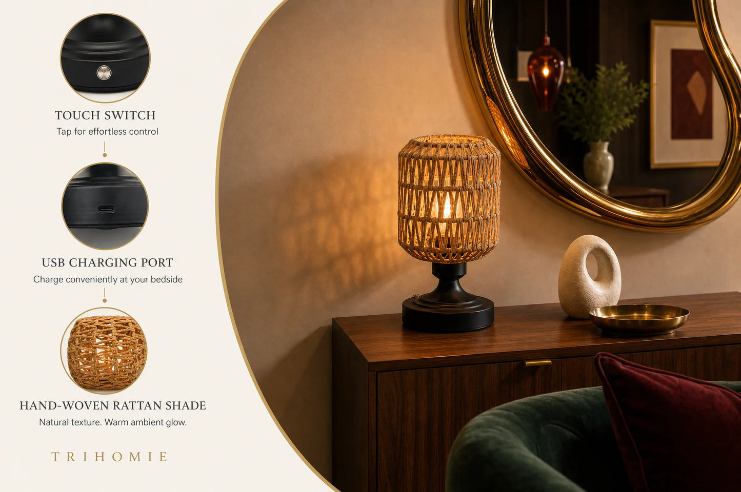 Woven Rattan Charging Lamp — Wabi-Sabi Bedside & Desk Light