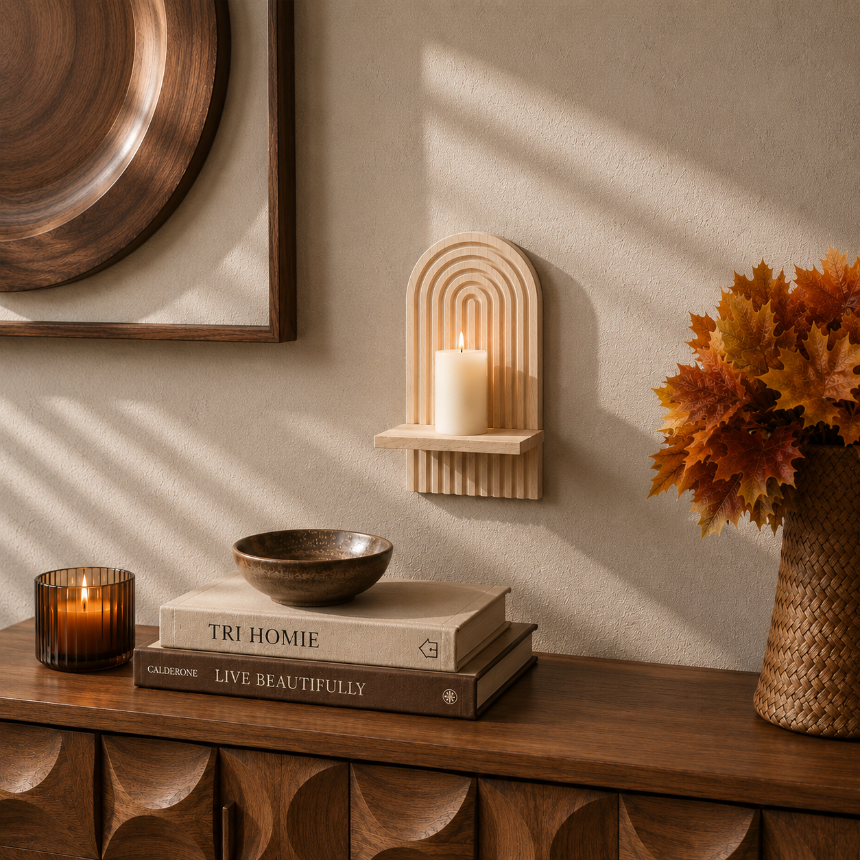 Candle holder on wooden wall, candle holder on wall, shelf, living room wall decoration, scented candle, wooden candle holder holder